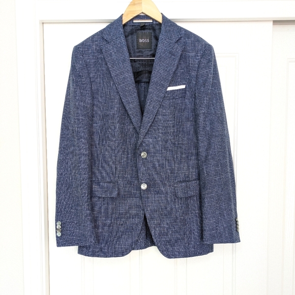 BOSS Hutson Slim Fit Blue Wool Cotton Linen Blend Sport Suit Coat Mens Jacket 38 - Picture 3 of 16